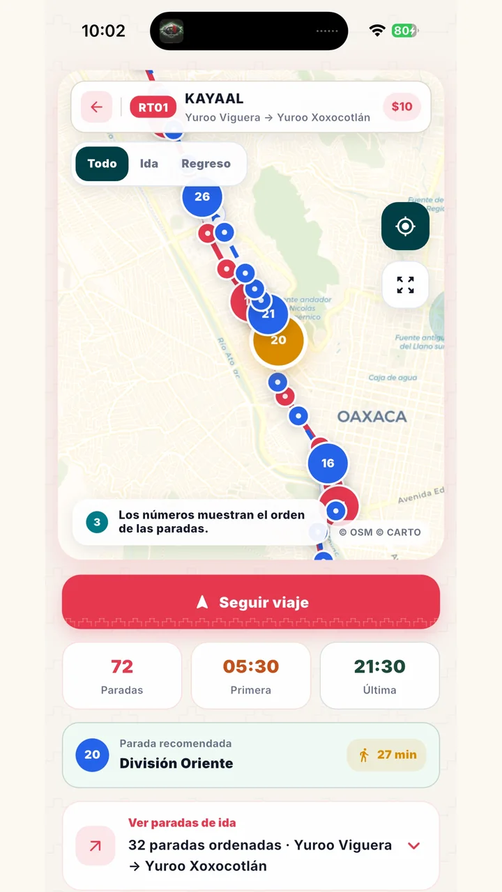 Seguimiento de una ruta en el mapa de Yuu Bus